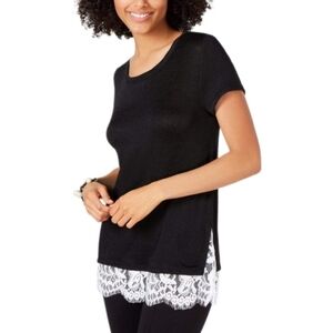INC International Concepts Black Semi Sheer Knit White Lace Hem Short Sleeve Top